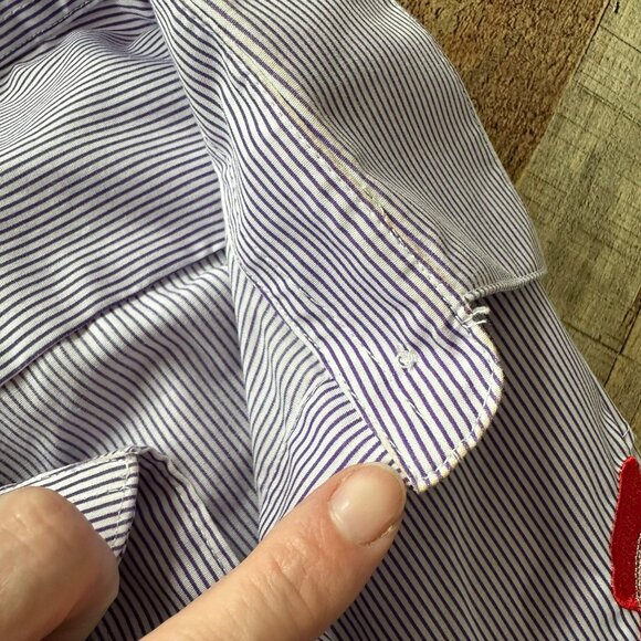 Las Olas Purple Striped Button-Up Shirt With Embroidered Red Hat Lady Design - Picture 2 of 9